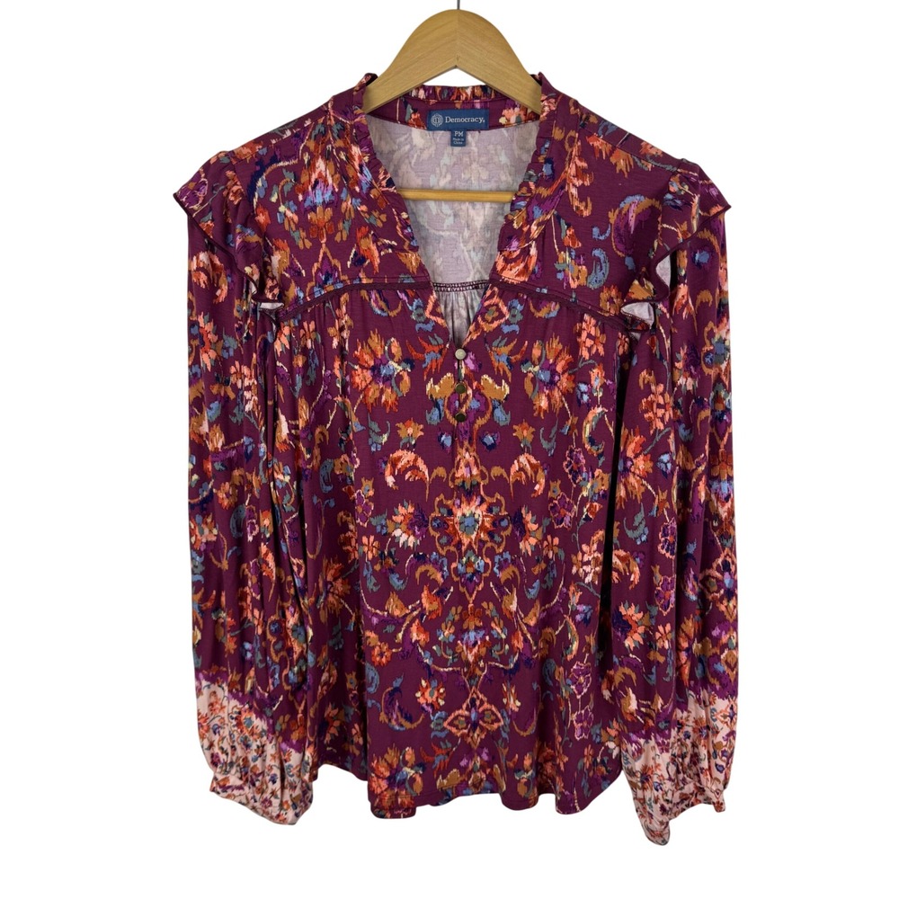 Democracy Floral Popover Top Size PM Burgundy Stretch Soft Comfort Boho Hippie